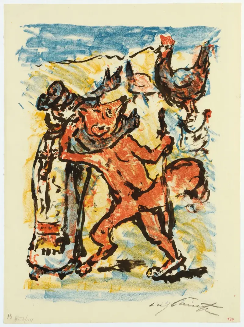 Reinecke Und Grimbart Der Dachs Auf Der Pilgerreise Betrachten Einen Gut Ernährten Hahn, Den Reinecke Zu Fressen Versucht Ii av Lovis Corinth