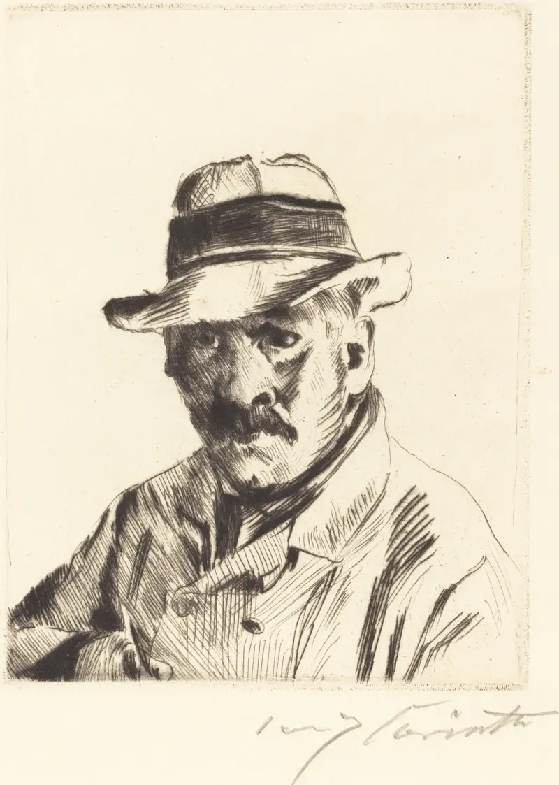 Självporträtt i halmhatt av Lovis Corinth