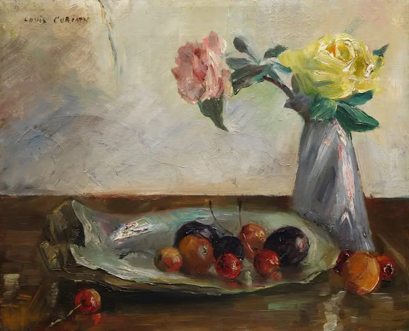 Stillleben mit Blumen in Vase, Muschel und Obst von Lovis Corinth
