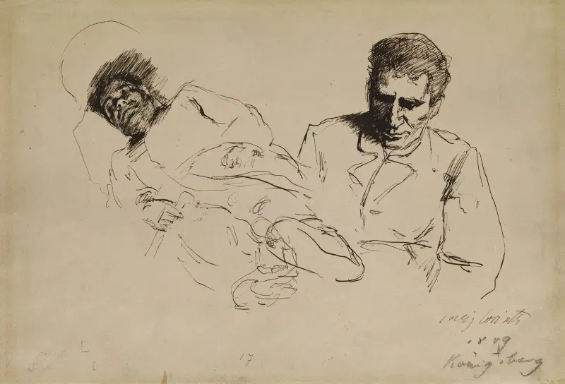 Tuschskizze Männliches Halbporträt und nach links liegender Mann von Lovis Corinth
