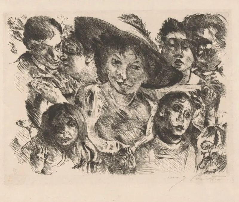 Kvinna med hatt omgiven av en grupp ansikten av Lovis Corinth
