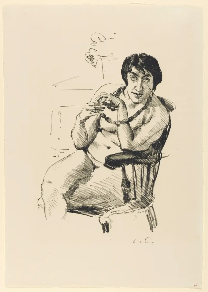 Kvinnlig akt med halsband i länstol av Lovis Corinth