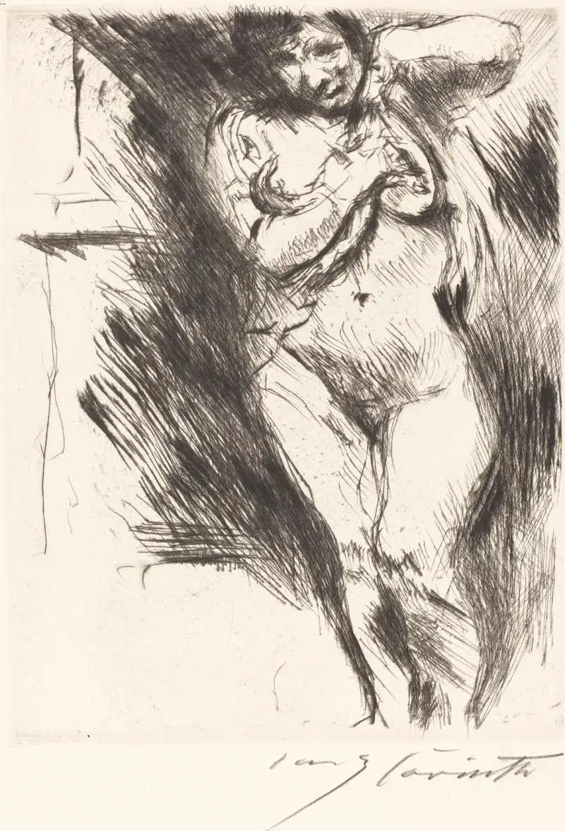 Kvinna som klär av sig (Akt med upplyft skjorta) av Lovis Corinth