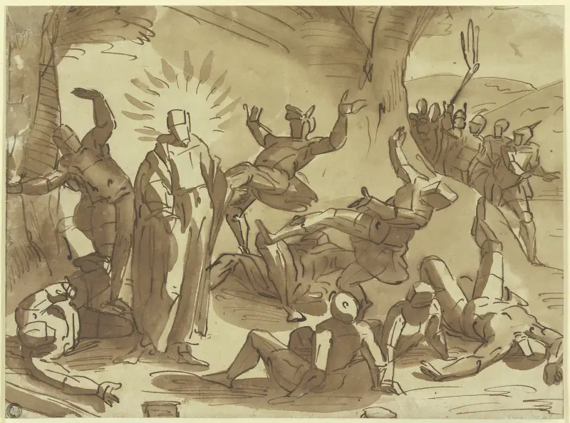 Christus wirft durch seine Stimme die ihn gefangennehmenden Soldaten nieder av Luca Cambiaso