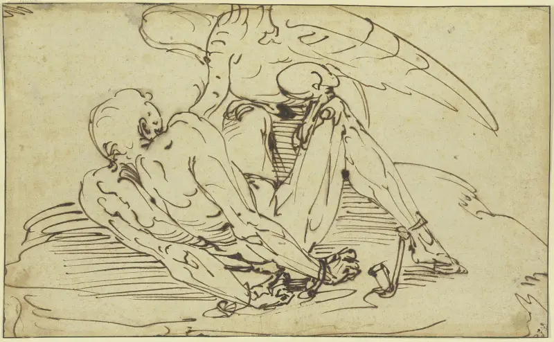 Der an den Felsen geschmiedete Prometheus mit dem Adler av Luca Cambiaso