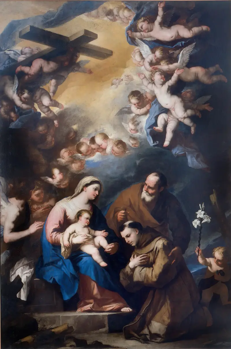 Den heliga familjen vördas av Antonius av Padua av Luca Giordano