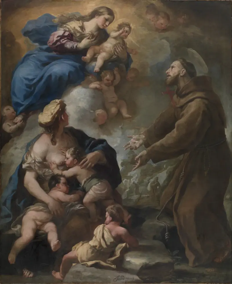The Virgin and Child Appearing to Saint Francis of Assisi av Luca Giordano