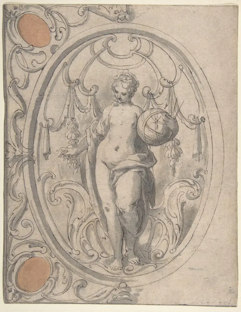 Förlagor till en ornamentpanel med figuren Astronomia av Lucas Kilian
