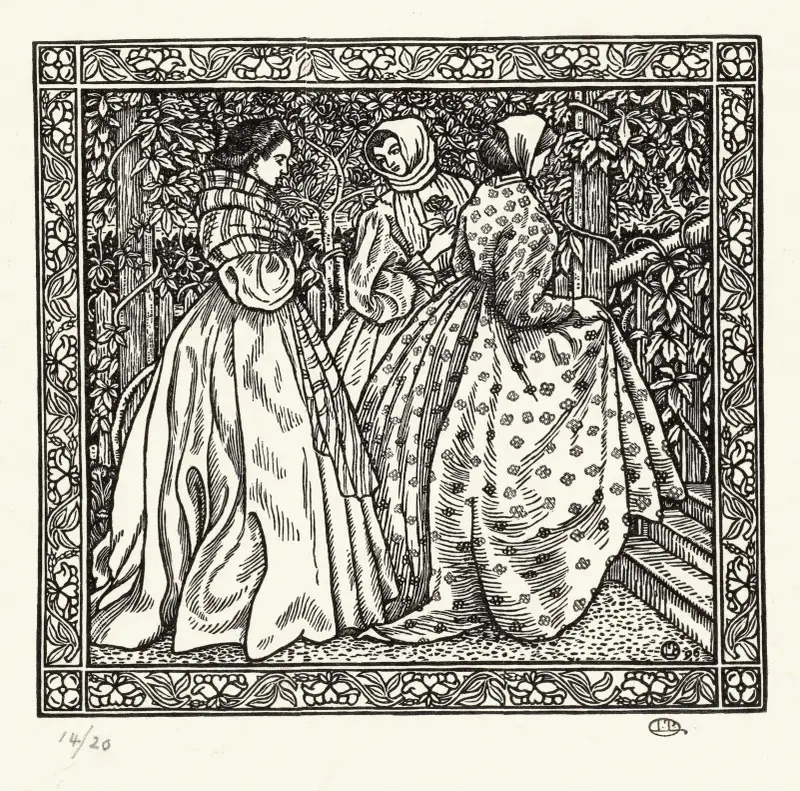 Drie vrouwen in een tuin av Lucien Pissarro