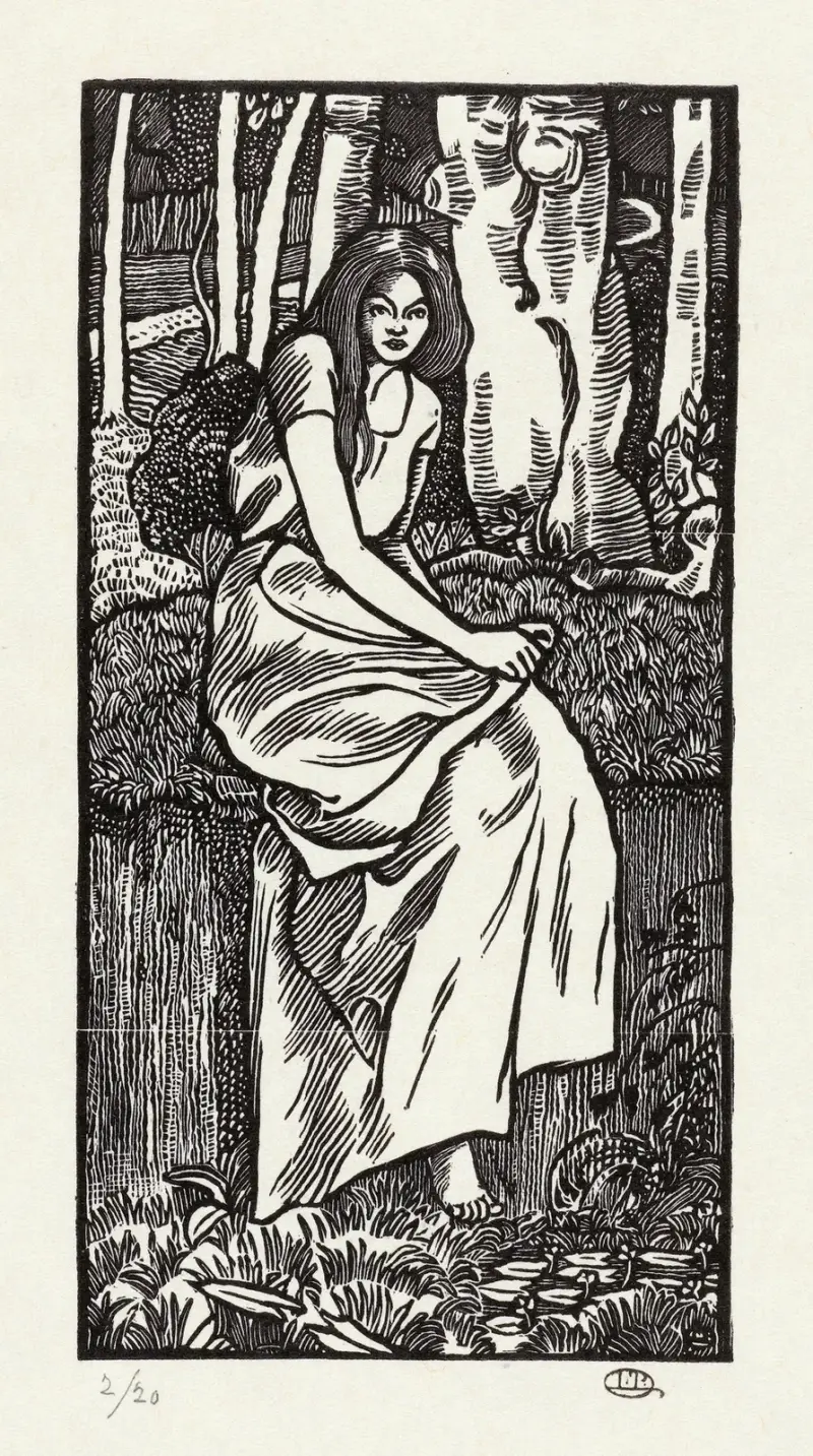 Vrouw in een bos av Lucien Pissarro