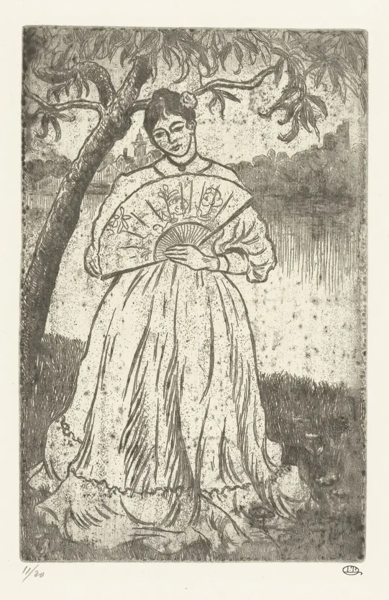 Vrouw met waaier av Lucien Pissarro