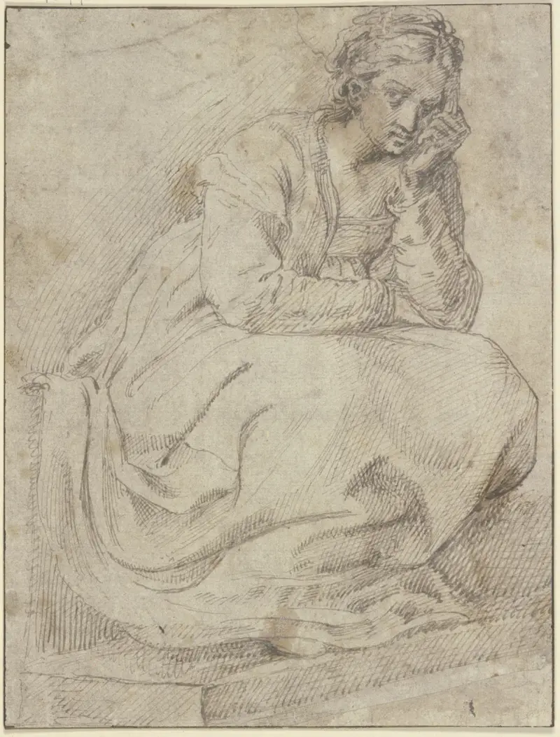 Eine auf einer Treppe sitzende Frau av Ludovico Carracci
