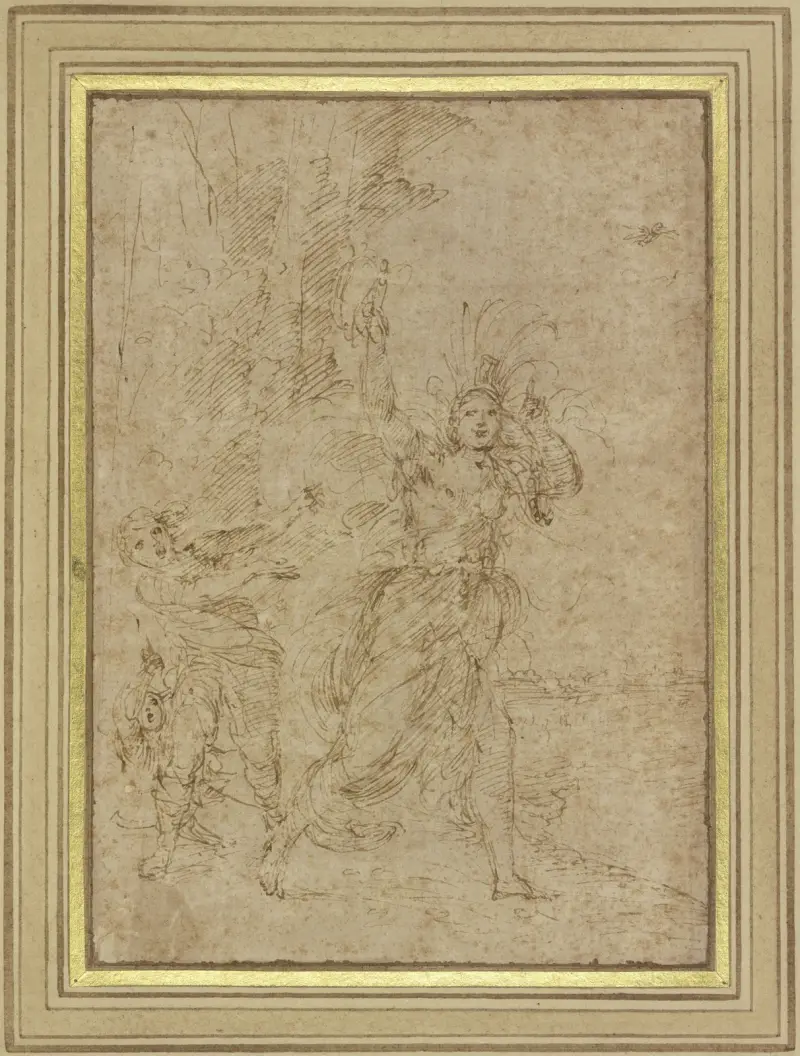 Eine Frau (La Pazza) mit sonderbarem Kopfputz flieht vor zwei Verfolgern av Ludovico Carracci