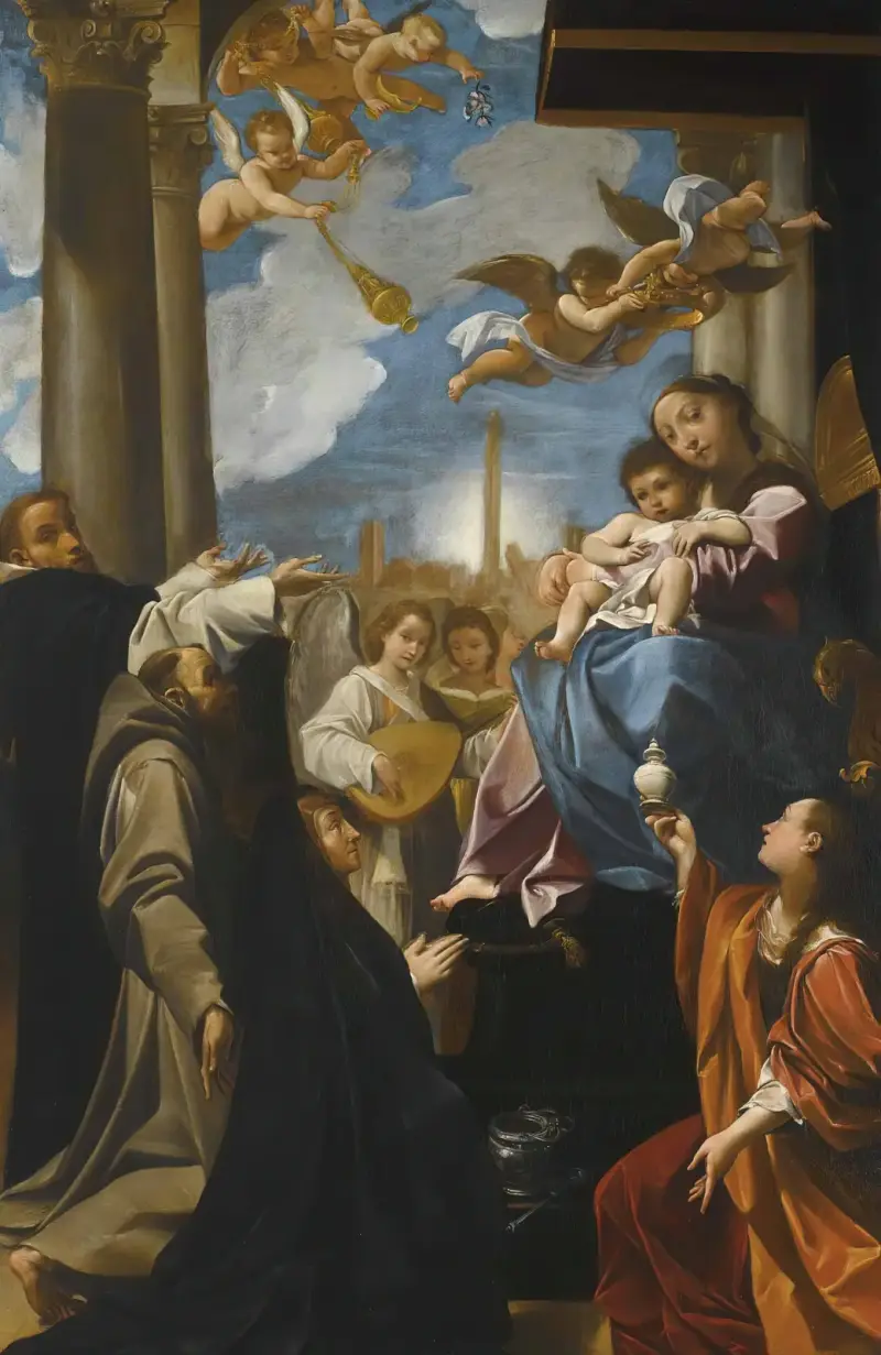 The Madonna And Child Enthroned With Angels, Saint Dominic, Saint Francis, The Magdalene, And A Female Donor; The ‘bargellini Madonna’ av Ludovico Carracci