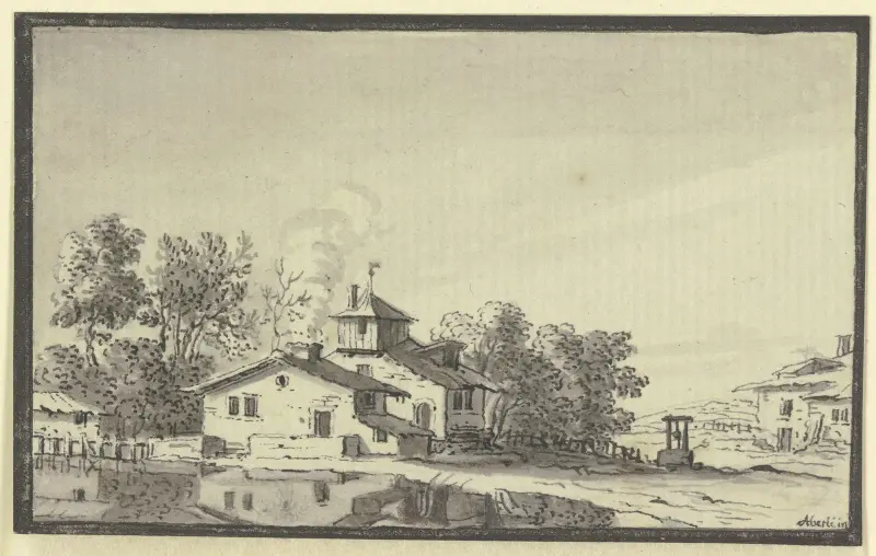 Bondgård, omgiven av träd, vid en damm av Johann Ludwig Aberli
