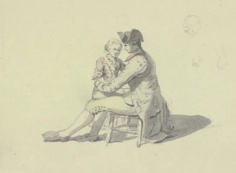 Ein Mann auf einem Stuhl sitzend in Unterhaltung mit einem Jungen av Johann Ludwig Aberli
