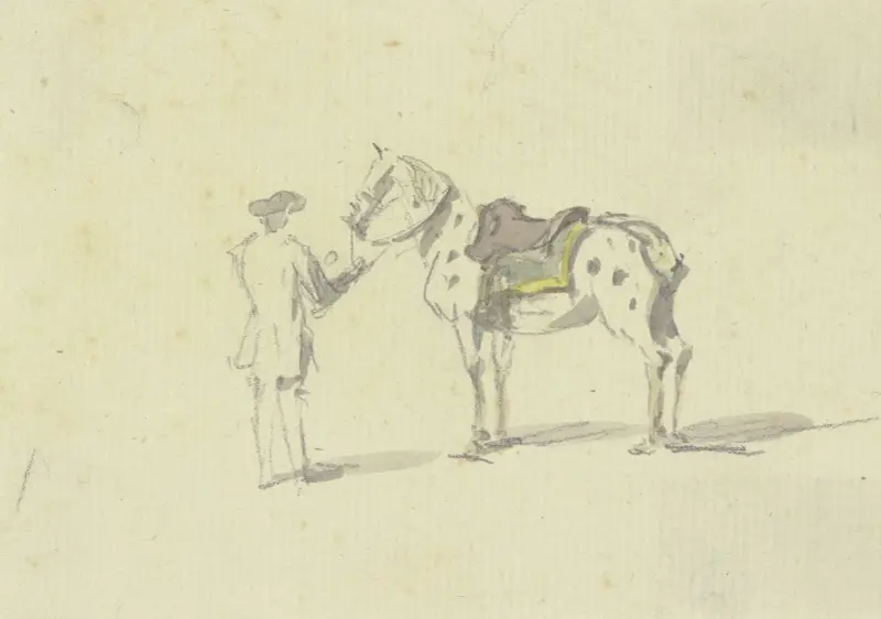 Ein Mann in Rückenansicht hält ein geflecktes Pferd am Zügel av Johann Ludwig Aberli
