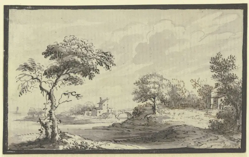 Kuperat landskap med flod, träd och hus av Johann Ludwig Aberli