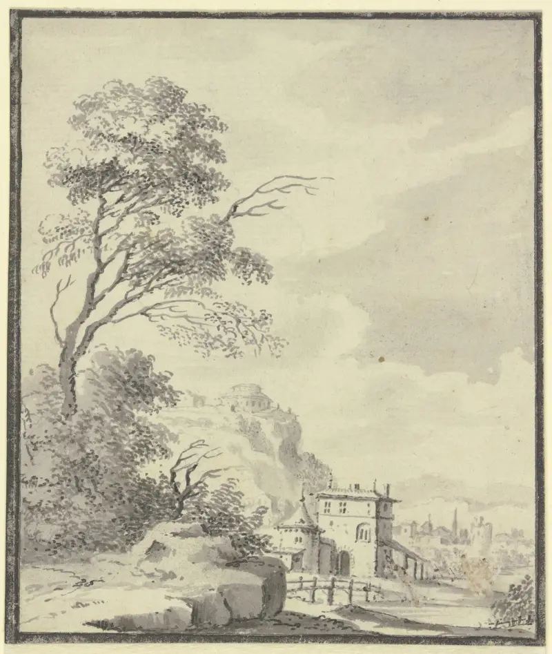 Landschaft mit einem Haus mit Turm av Johann Ludwig Aberli