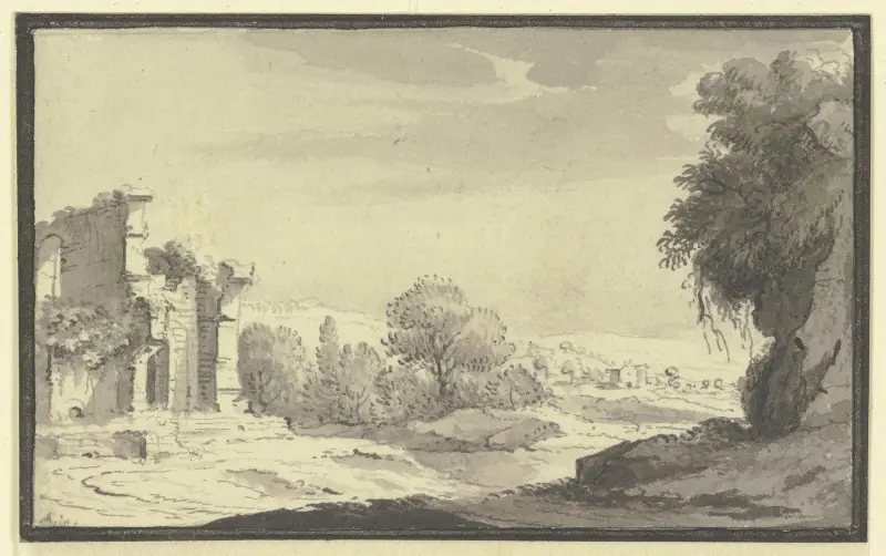 Landskap med ruin i förgrunden till vänster av Johann Ludwig Aberli