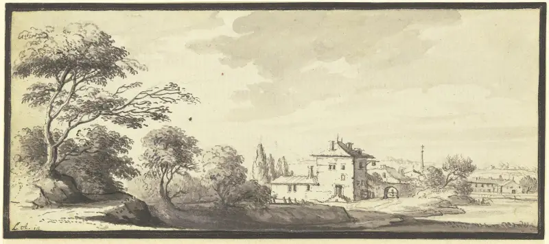 Landskap med byggnader vid vatten av Johann Ludwig Aberli