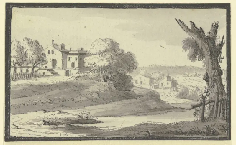 Landskap med hus på en kulle vid vattnet av Johann Ludwig Aberli