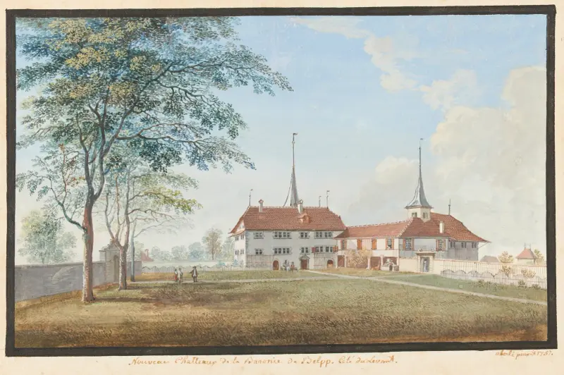 Nya slottet i baroniet Belp. Östra sidan av Johann Ludwig Aberli