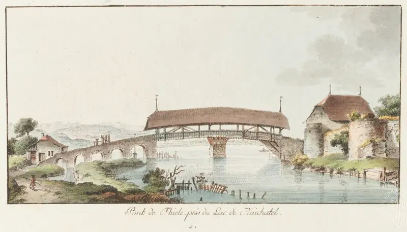 Thieles bro nära Neuchâtelsjön av Johann Ludwig Aberli