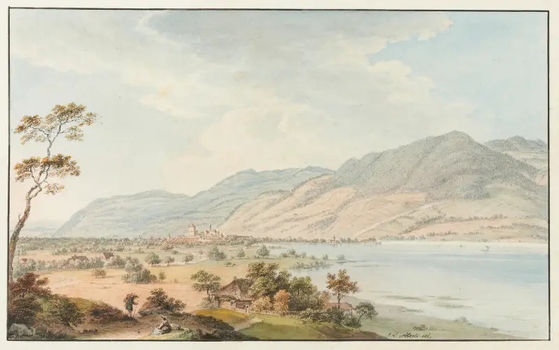 Utsikt över Thun från Gwatt av Johann Ludwig Aberli