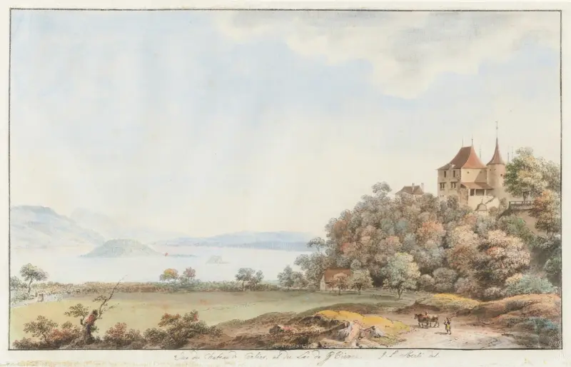 Vy över slottet i Cerlier och Bielsjön av Johann Ludwig Aberli