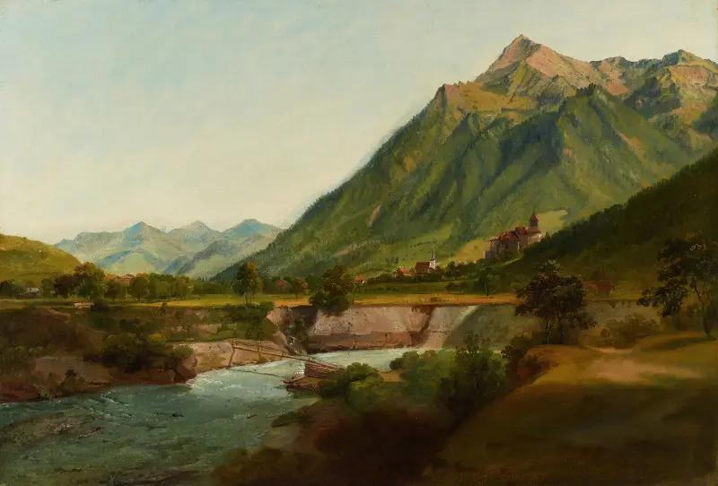 Vue du Château de Wimmis et des environs av Johann Ludwig Aberli