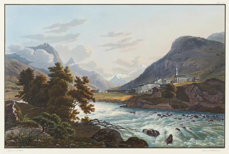 Byn Splügen mot Rheinwaldglaciären av Johann Ludwig Bleuler