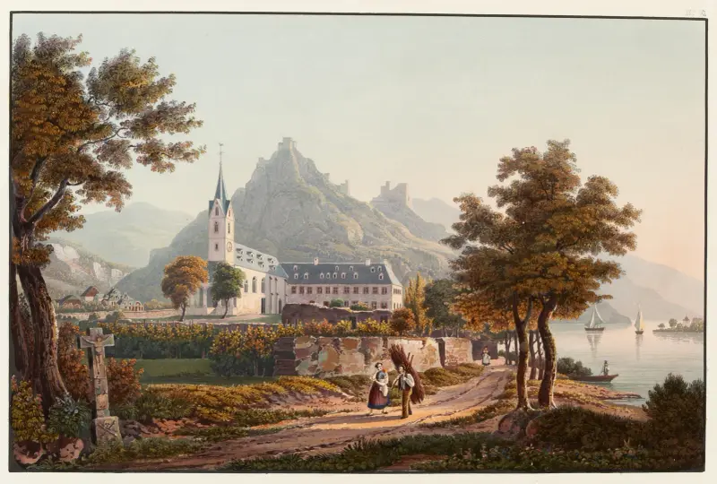 Utsikt mot Bornhofen, ruinerna Liebenstein och Sternberg, eller de två bröderna av Johann Ludwig Bleuler