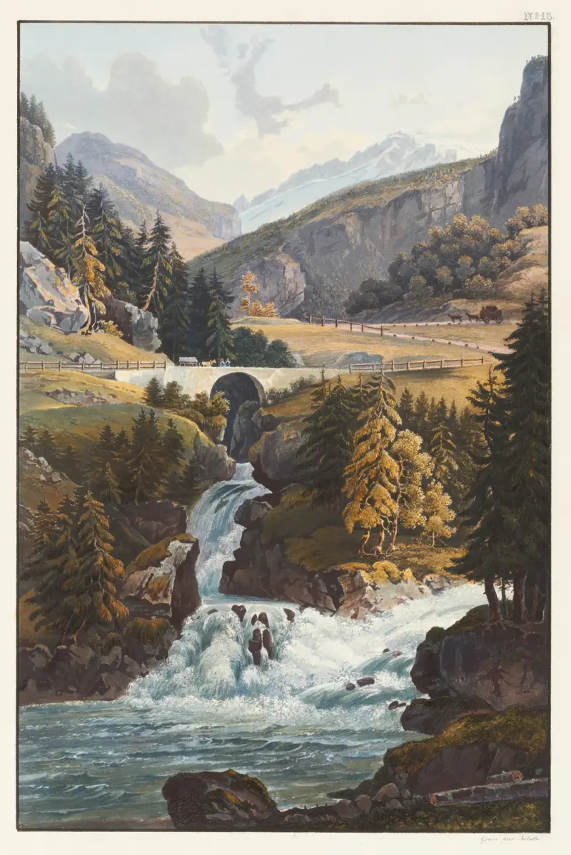 Blick auf den Rheinfall und den Aversbach im Roflen von Johann Ludwig Bleuler