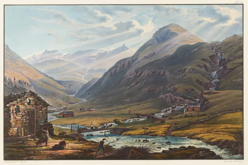 Vy över mötet mellan Rhens två källfloder vid Mont Badus och Crispalt, taget nära Chiamut av Johann Ludwig Bleuler