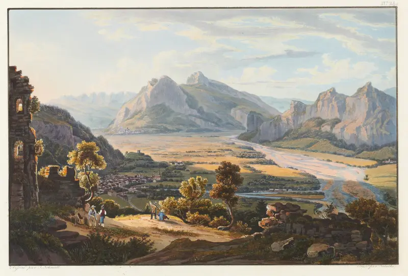 Ansicht der Ruine Haldenstein oberhalb von Ragaz und der Stadt Sargans von Johann Ludwig Bleuler