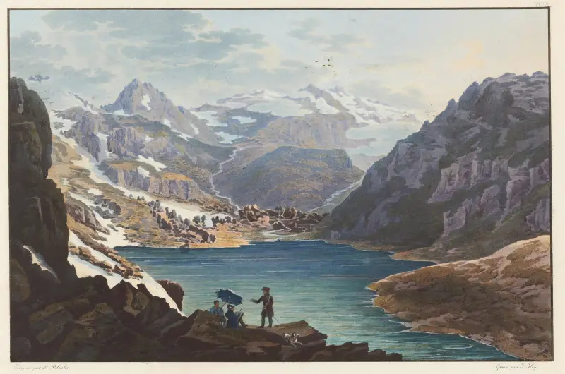 Vue de la source du Rhein antérieur, du Lac Toma, sur le Mont Badus av Johann Ludwig Bleuler