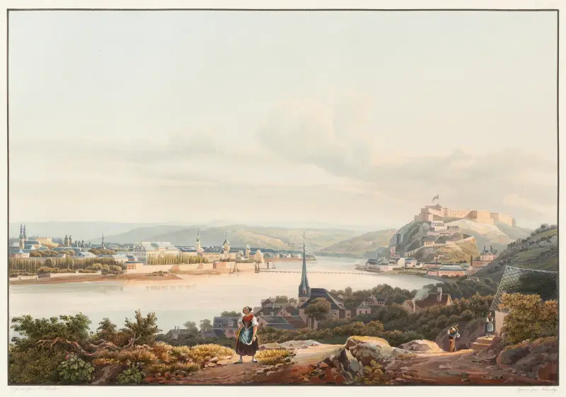 Utsikt över staden Koblenz och fästningen Ehrenbreitstein av Johann Ludwig Bleuler