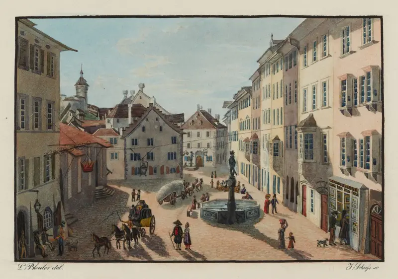 Vy av det inre av staden Schaffhausen tagen nära Krone av Johann Ludwig Bleuler