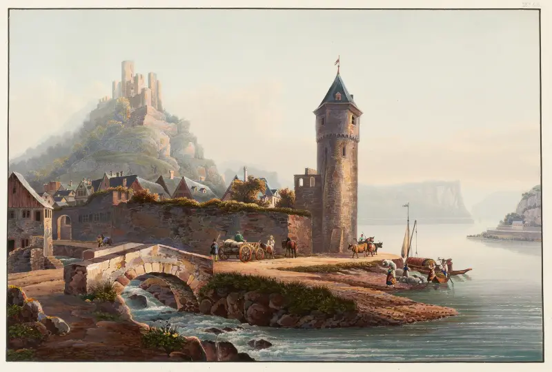 Vy av St. Goarshausen och ruinen Katzenellenbogen av Johann Ludwig Bleuler