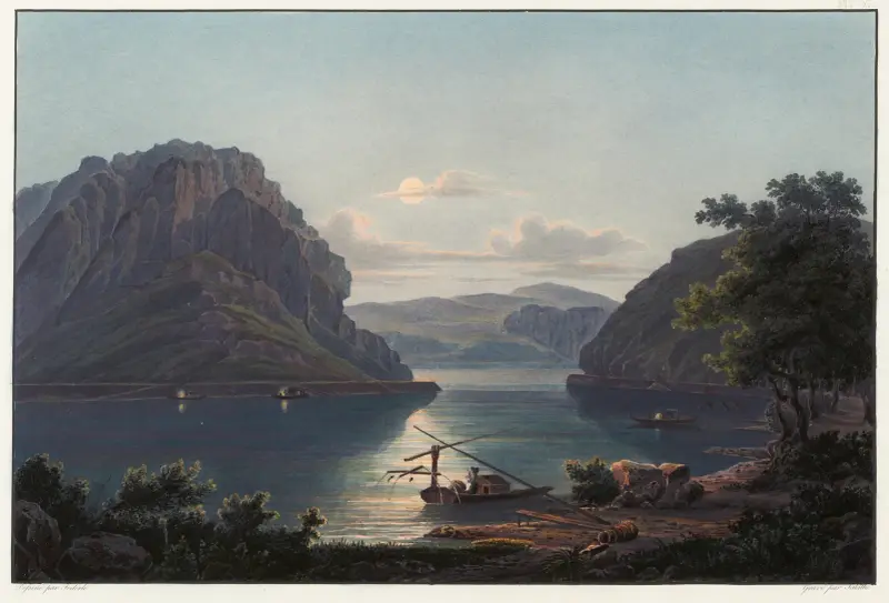 Vue des rochers de Lourley et de la pêche des saumons av Johann Ludwig Bleuler