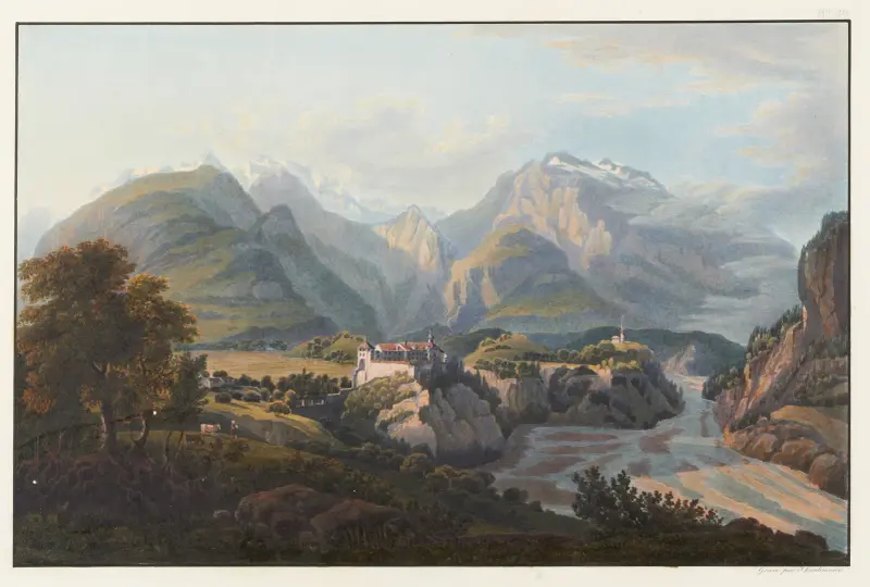 Utsikt över slottet Razuns, berget Galanda och vägen till berget Gunkels av Johann Ludwig Bleuler