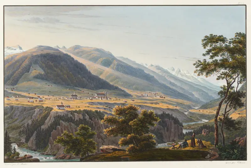 Vy över klostret Disentis och dess omgivningar, tagen nära sammanflödet av två armar av övre Rhen och den mellersta av Johann Ludwig Bleuler