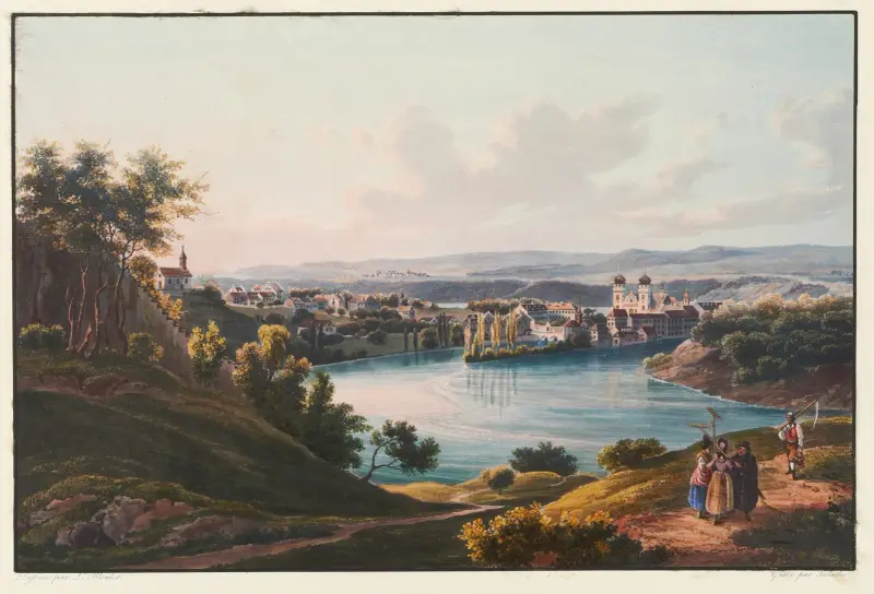 Vy över Rheinau kloster, kantonen Zürich av Johann Ludwig Bleuler