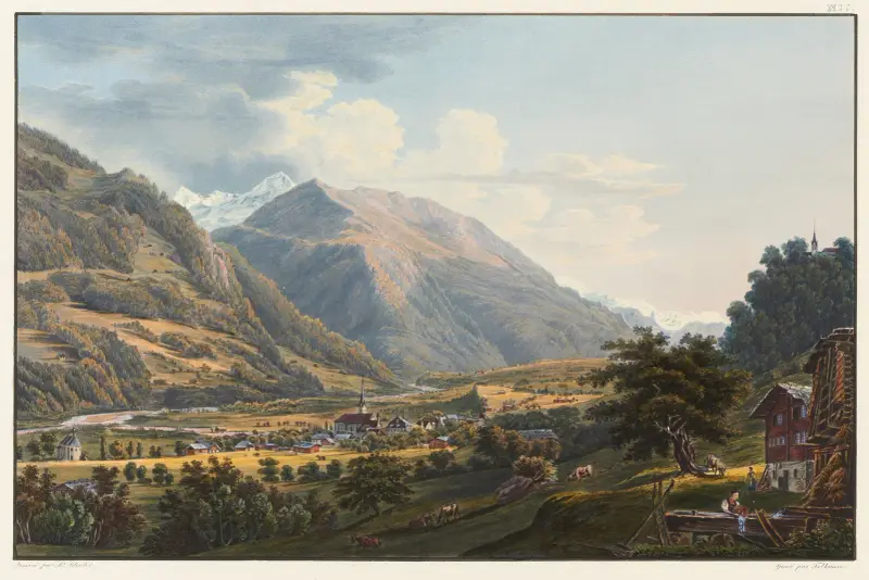 Vy av byn Trons, historisk i ämnet för konfederationen i kantonen Graubünden av Johann Ludwig Bleuler