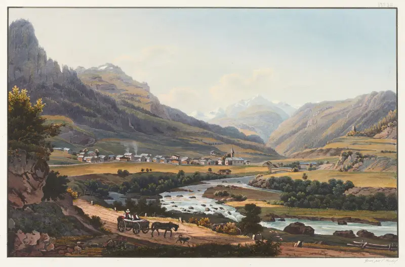 Vy av byn Zillis i Schamsdalen, på vägen från Via Mala, kantonen Graubünden av Johann Ludwig Bleuler