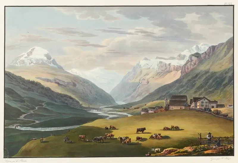 Vue du village Hinterrhein, et des premiérs pont sur le Rhein interieur; prise vers le glacier de Rheinwald av Johann Ludwig Bleuler