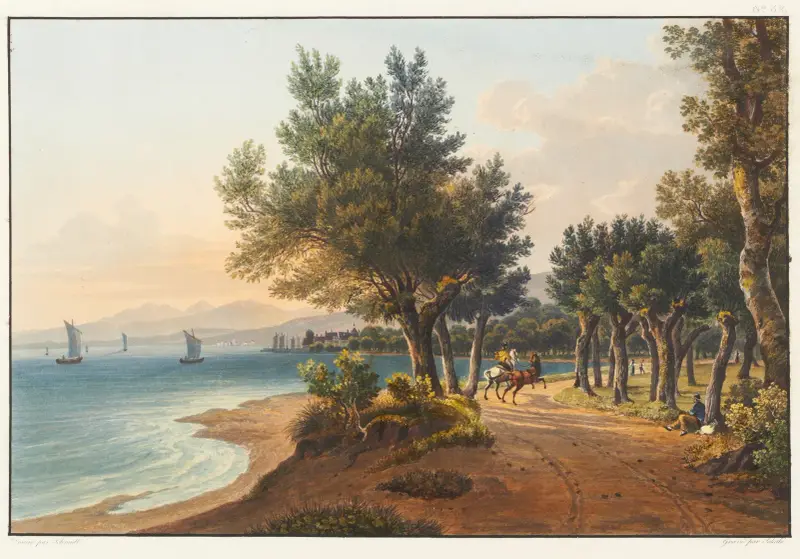 Vy mellan Arbon och Horn mot Rorschach vid Bodensjöns hamn av Johann Ludwig Bleuler