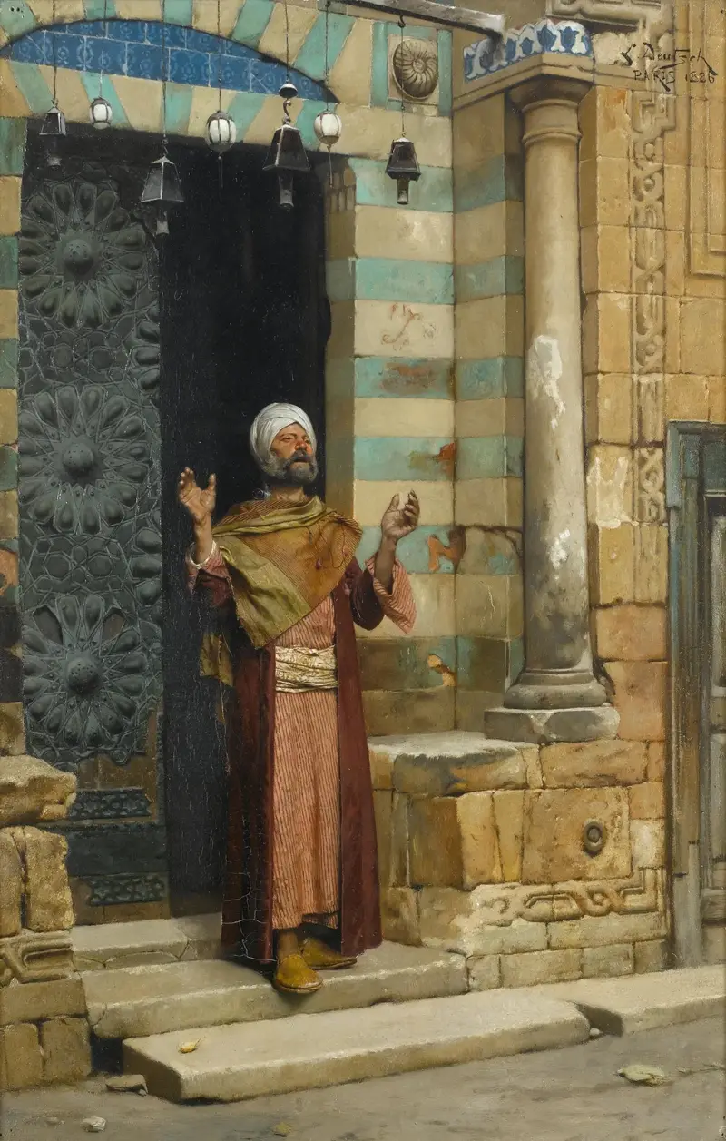 At the door of the mosque av Ludwig Deutsch