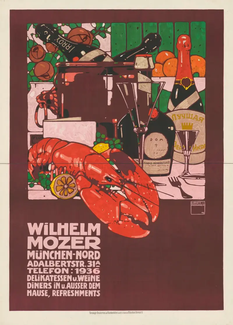 Wilhelm Mozer München. Delikatessen und Weine von Ludwig Hohlwein